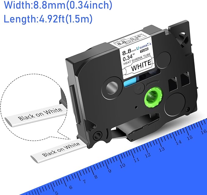 USUPERINK 5 PK Compatible for Brother Ptouch HSe-221 HSe221 HS-221 HS221 8.8mm Black on White Heat Shrink Tube Label Tape use in PT-D210 PT-D400 PT-E300 PT-E500 PT-P750WVP Label Maker (0.34''x 4.92ft)-DeskLoop Office