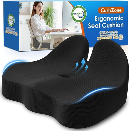 Seat Cushion, Memory Foam Office Chair Cushions, Ergonomic Curved Design for Sciatica, Tailbone, Coccyx, Seat Support for Car, Desk Chair, Wheelchair, Enhances Long Sitting Comfort (Black)-DeskLoop Office