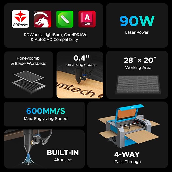 OMTech 90W CO2 Laser Engraver with Water Chiller, 28"x20" Cutting & Engraving Machine with Air Assist, 4-Way Pass, Caster Wheels, RDWorks, for Wood, Glass, Acrylic & More-DeskLoop Office