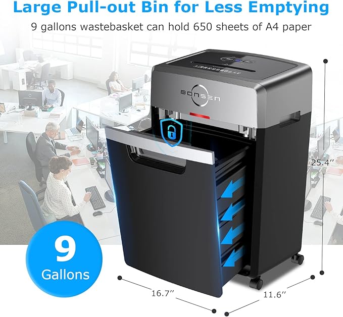 BONSEN Heavy Duty Paper Shredder, 24-Sheet Cross-Cut Shredder, 40-Min Continuous Running Time, Commercial Grade Shredder for Office, 9-Gallon Big Basket, 55dB Super Quiet, P-4 High Security (S3105)-DeskLoop Office