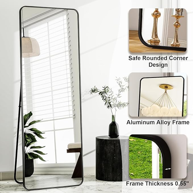 HARRITPURE 56" x 21" Rounded Full Length Mirror Aluminum Frame Black Mirror Full Length Floor Mirror with Stand for Living Room Bedroom Cloakroom-DeskLoop Office