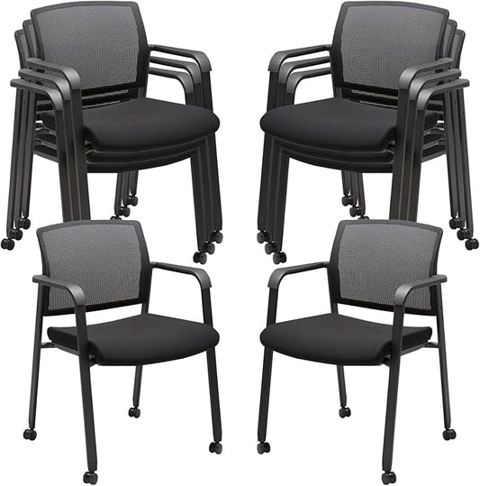 CLATINA Mesh Back Guest Reception Arm Chairs with Wheels, Waiting Room Chairs with Upholstered Fabric Seat and Ergonomic Lumbar Support for Office, 8PK-DeskLoop Office