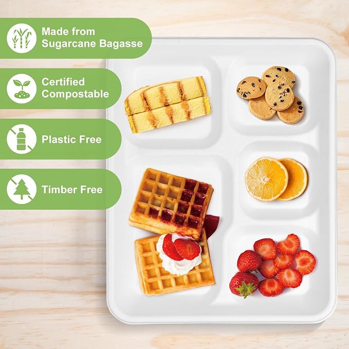 Compostable 5 Compartment Plates Disposable, 10.25 x 8.25 inch, 125 Pack - Image 4