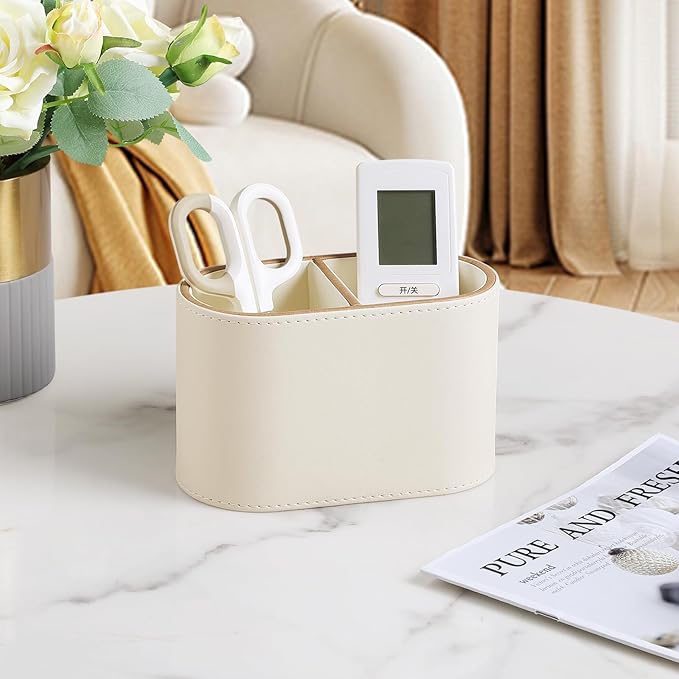 PU Leather Pen Holder for Desk, Small Remote Control Holder Pencil Cup Multifunctional Desktop Organizer Caddy for Home School Office Desk Accessories - 2 Compartments (Beige)-DeskLoop Office
