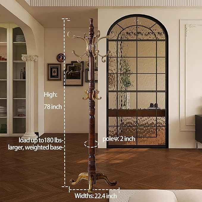 Wooden Coat Racks, Retro 78" Coat Tree with 12 Hooks & Stable Triangular Base, Entryway Coat Rack Freestanding for Hat, Clothes, Scarves, Handbags, Umbrella (Vintage)-DeskLoop Office