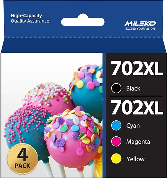 MILEKO 702XL Ink Cartridges Remanufactured Replacement for Epson 702XL 702 702 XL T702XL use with Workforce Pro WF-3720 WF-3730 WF-3733 Printer (1 Black 1 Cyan 1 Magenta 1 Yellow,4 Pack High Yield)-DeskLoop Office