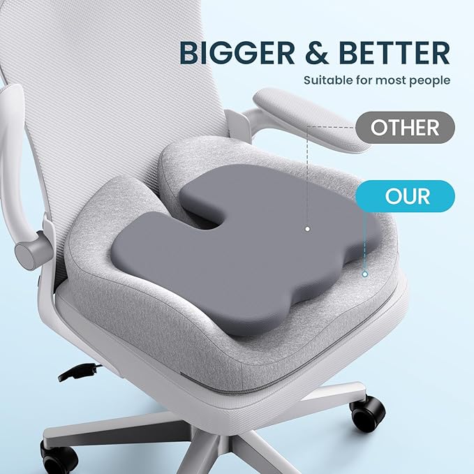 Benazcap Seat Cushion, Memory Foam Cushion for Office Chair - Ergonomic Chair Cushions for Tailbone Pain Relief, Sciatica & Back Support, Office Chair Cushion & Car Seat Cushion, Grey-DeskLoop Office
