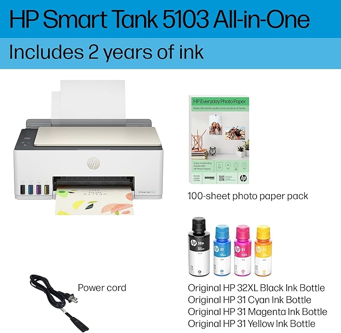 HP Smart Tank 5103 Wireless All-in-One Refillable Ink Tank Printer, Scanner, Copier with 2 Years of Ink and 100 Sheets of Photo Paper Included, Best for Home (5D1B2A)-DeskLoop Office