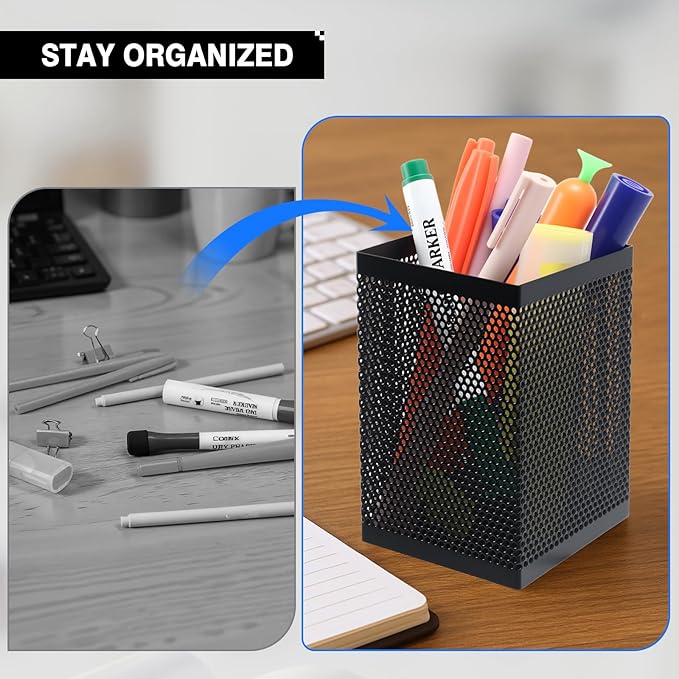 Comix Mesh Pen Holder Desk, Wire Pencil Holder with Foam Pad and Non-Slip Bottom Office Supplies Desk Organizer for Home Office School, 2 Packs-DeskLoop Office