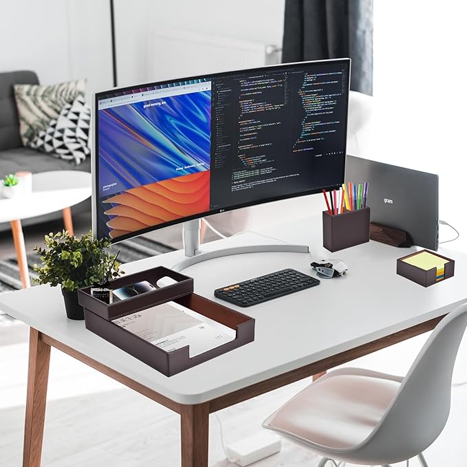 4 Pack Leather Office Supplies/Desk Organizer for Letter Paper Tray,Sticky Note Holder,Pen Cup,Stackable Small Letter Mail Sorter Tray,Workspace Decor for Women Men (Brown, 4-piece set)-DeskLoop Office