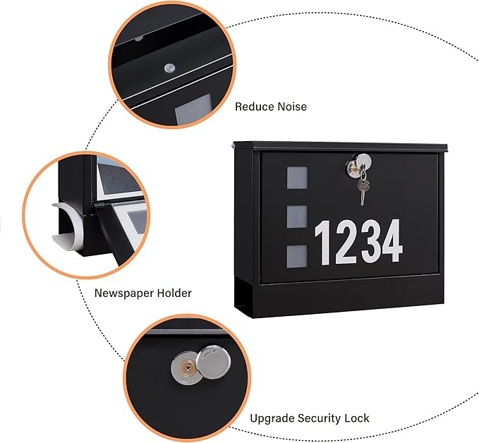 LAND·VOI Locking Mailbox Wall Mounted, Metal Postbox with Three Sets of Mail Box Number Stickers, 4 Keys, 14.4" x 4.5" x 11.2", Large Capacity, Black, AMB11B-DeskLoop Office