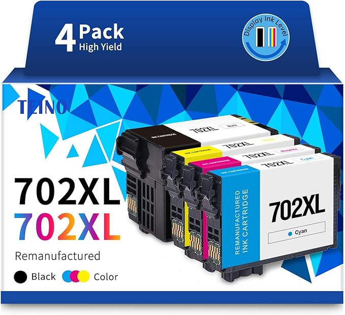 TEINO 702XL Ink Cartridges Combo Pack Remanufactured Ink Cartridge Replacement for Epson 702 XL 702XL T702XL for Epson Workforce Pro WF-3720 WF-3733 WF-3730 Printer (Black Cyan Magenta Yellow, 4-Pack)-DeskLoop Office