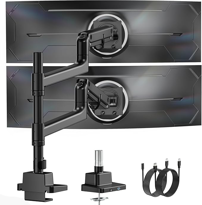 monTEK 17-57 Inch Dual Ultrawide Monitor Arm for Up to 59.4lbs Screen, Aluminum Heavy-Duty Gas Spring Vertical Stackable Curved Screen Adjustable Monitor Stand,75/100mm Vesa Mount, Black-DeskLoop Office