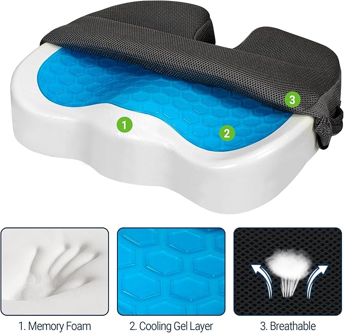 Gel Seat Cushion for Car Office - Memory Foam Pain Relief Chair Pillow Cushions - Tailbone Sciatica Coccyx Butt Lumbar Support Pad for Sitting Driving Traveling, Mesh, Black-DeskLoop Office