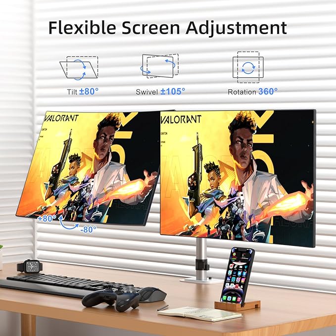 Suptek Dual Monitor Desk Mount, Adjustable Dual Monitor Arm for 2 Monitor Screens up to 38 inch, Extra Tall 15.75" Pole Monitor Stand for Desk, Holds up to 22 lbs,Silver(MD9442MS)-DeskLoop Office