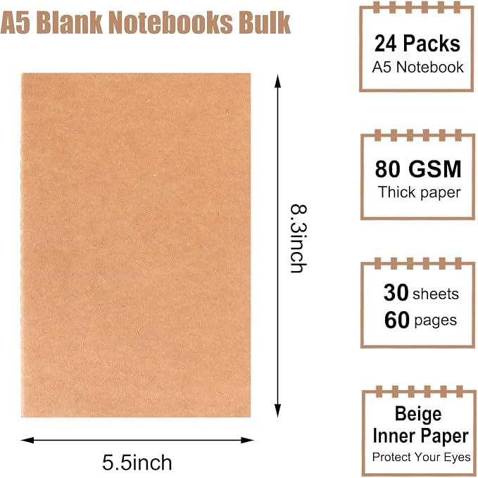 EOOUT 24 Pack Blank Kraft Notebooks, A5 Journals Notebook Bulk, Unlined Paper - Image 2