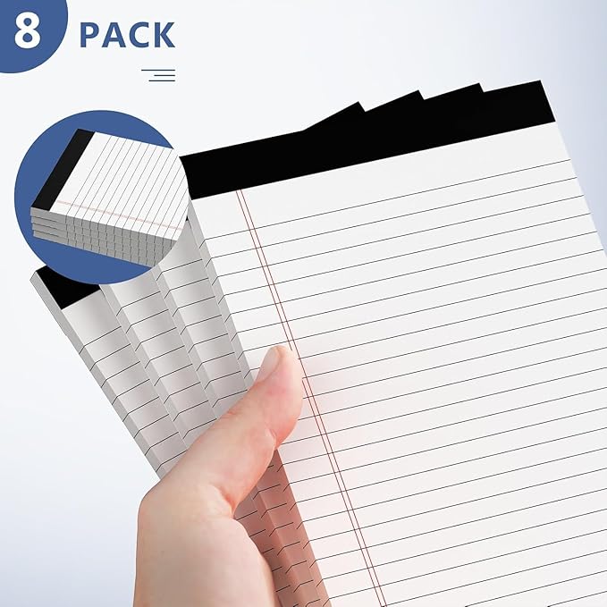 8 Pack Note Pads 5 x 8 Inch Small Legal Pads 5 x 8 White Notepad 5 x 8 Perforated Writing Pads Lined Paper Pads College Ruled Pad Paper 30 Sheets Notebook for Study, To-Do Lists, Office-DeskLoop Office