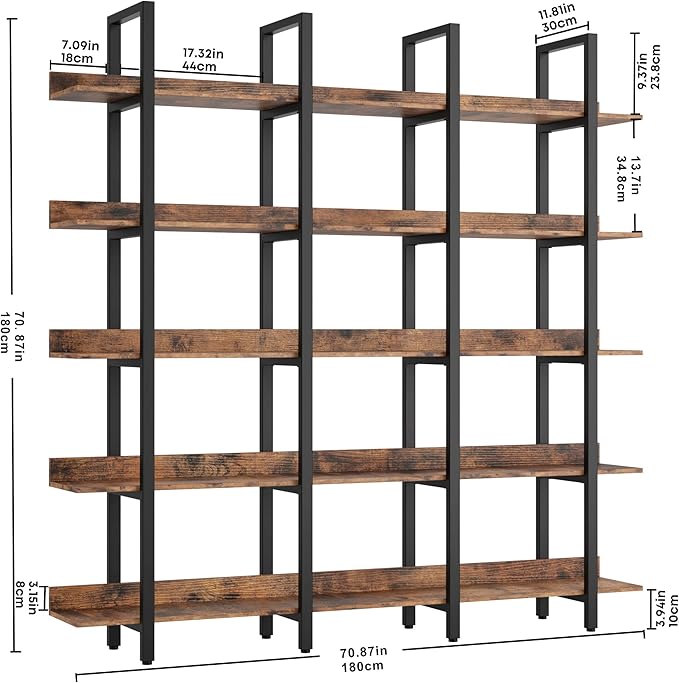 IRONCK Bookcase and Bookshelves Triple Wide 5 Tiers Large Open Shelves, Etagere Bookcases with Back Fence for Home Office Decor, Easy Assembly, Vintage Brown-DeskLoop Office