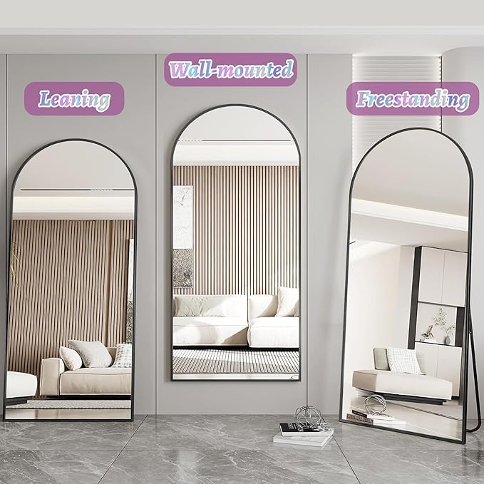 Full Length Mirror, 72"x44" Oversized Floor Mirror Freestanding, Full Body Mirror Floor Standing Mirrors with Stand, Hanging Mounted Mirrors for Bedroom Living Room, Black, Arched Style-DeskLoop Office