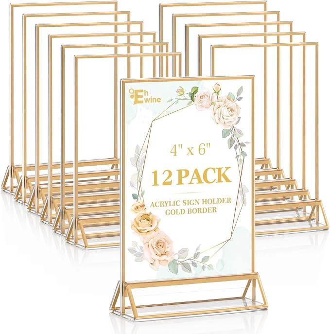 EHWINE 12 Pack Acrylic Sign Holder 4 x 6, Double Sided Gold Picture Frame Stand by EHWINE