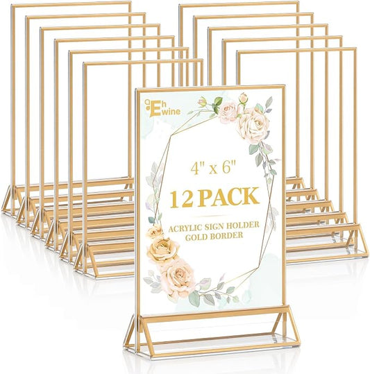 EHWINE 12 Pack Acrylic Sign Holder 4 x 6, Double Sided Gold Picture Frame Stand by EHWINE