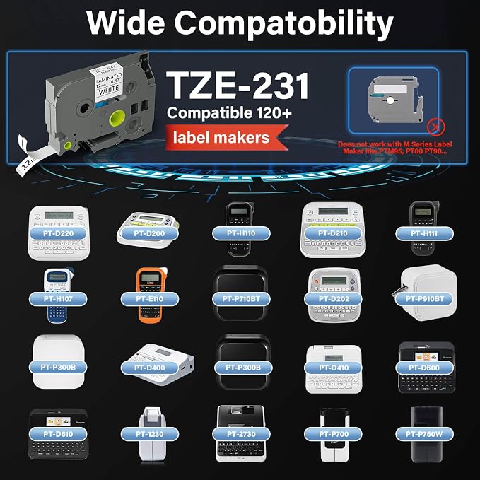 TZE-231 Label Maker Tape 12mm 0.47 Laminated Black on White 1/2" x 8m - Image 2