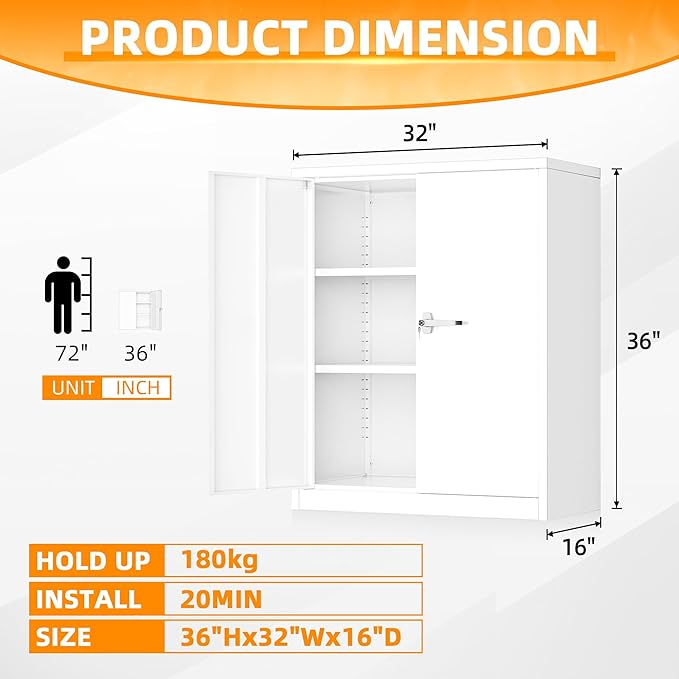 INTERGREAT Metal Cabinet with Lock, Lockable Metal Storage Cabinets with Doors and Shelves for Garage, White Locking Garage Storage Cabinets 36"×32"×16"-DeskLoop Office