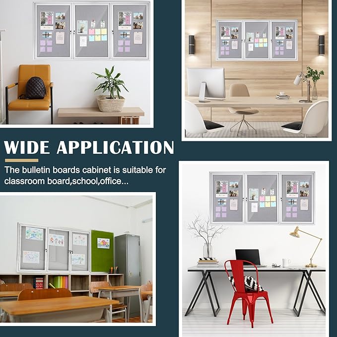 72" x 36" Enclosed Bulletin Board Outdoor 3 Door Weatherproof Tamper-Proof Enclosed Cork Board with Lock Aluminum Frame Display Case for Back to School, Office Commercial, 18xA4(Gray)-DeskLoop Office