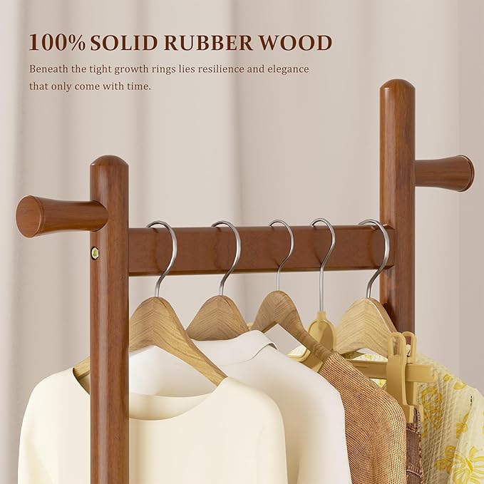 Coat Rack Freestanding Clothing Rack with Wheels & 2 Shelves Storage & 5 Hooks Heavy Duty Clothes Rack Wood Coat Tree Stand Hat Hanger Rack for Corner Bedroom Entryway Living Room Hotel-DeskLoop Office