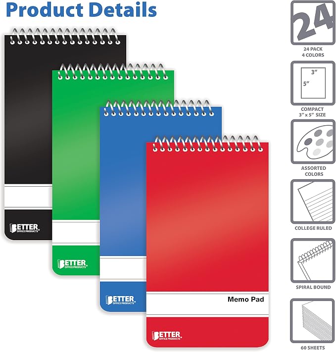 Better Office Products Memo Pads, 24 Pack 3x5 inches, 60 Sheets, College Rule - Image 3
