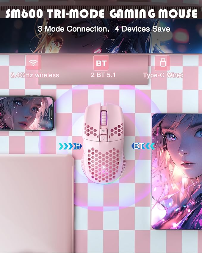 SM600 Pink Wireless Gaming Mouse with Honeycomb Shell, Side Buttons,Tri-Modes(BT5.1+BT5.1+2.4GHz) Lightweight RGB Wireless Mouse for PC/Tablet/Desktop/Office/Games-DeskLoop Office