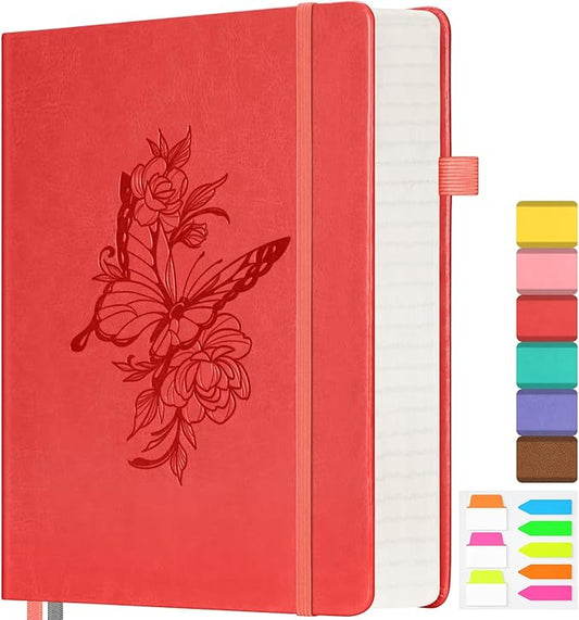 Lined Notebook Journal for Women Men, 312 Numbered Pages B5 Thick Leather Journals for Writing, Daily Diary Journal for Work School, Hardcover College Ruled Notebook, Butterfly Flower Notebook, Red-DeskLoop Office