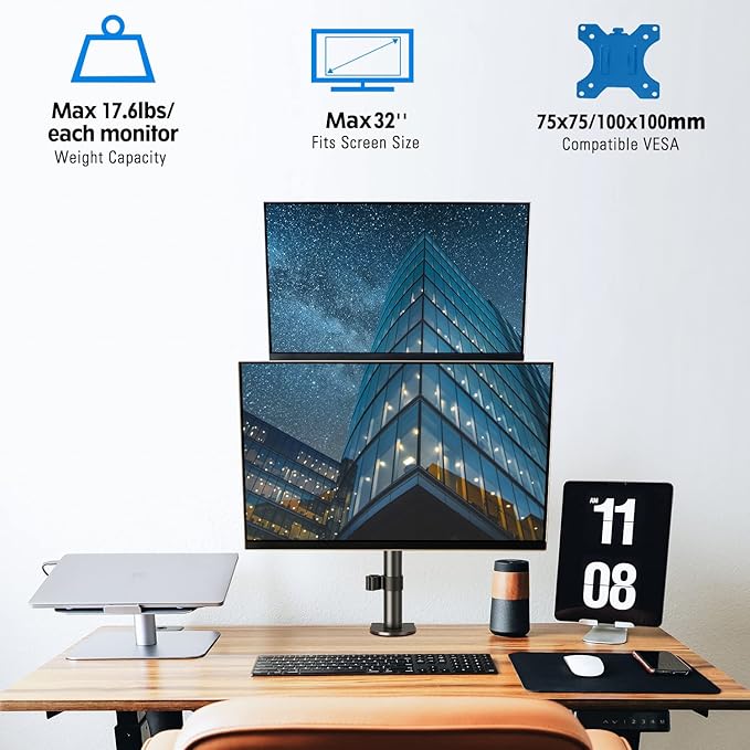 MOUNTUP Dual Monitor Stand, Vertical Monitor Mount for 2 Max 32 inch Stack Screen Monitors, Height Adjustable, Swivel, Tilt Monitor Desk Mount with C Clamp Grommet Base, MU3004-DeskLoop Office