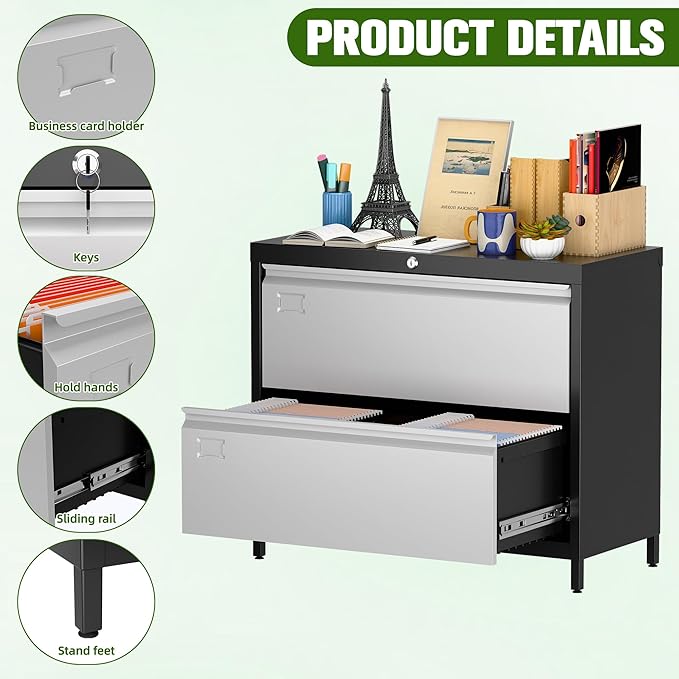 Metal 2 Drawer Lateral File Cabinet with Lock & Adjustable Feet - Wide Filing Cabinet for Letter/Legal/F4/A4 Hanging Files - Includes Business Card Holder,Home Office School Storage,Black/Grey-DeskLoop Office