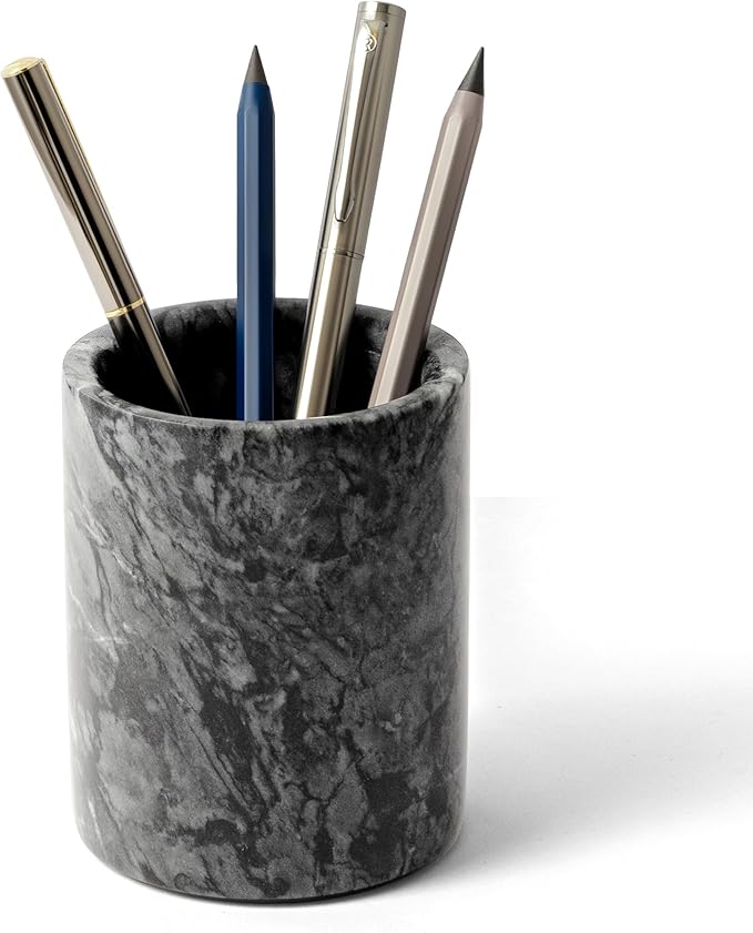 WORHE Pen Holder Stand Italy Natural Premium True Marble Makeup Brush Holders, Tableware Organizer Desk Pencil Cup for Home Office School Decor Dark Grey (DL012)-DeskLoop Office