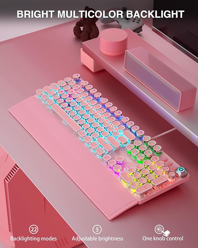 AULA F2088 Typewriter Style Mechanical Gaming Keyboard,Rainbow LED Backlit,Removable Wrist Rest,Media Control Knob,Retro Punk Round Keycaps,USB Wired Computer Keyboard,Pink-DeskLoop Office