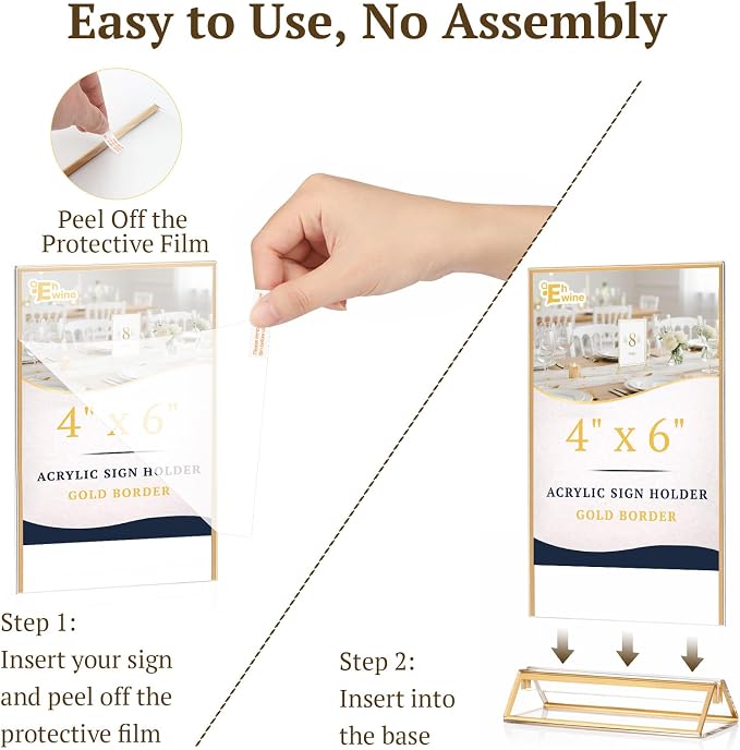 EHWINE 6 Pack Acrylic Sign Holder 4 x 6, Double Sided Gold Picture Frame Stand - Image 6