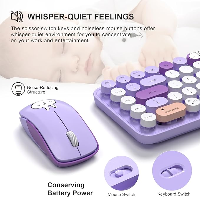 FOPETT Wireless Keyboard and Mouse Cute Mouse and Keyboard 2.4G Wireless Keyboards with Colorful 68 Keys Typewriter Retro Round Keycap for PC, Laptop,Tablet,Computer Windows - Purple Colorful-DeskLoop Office