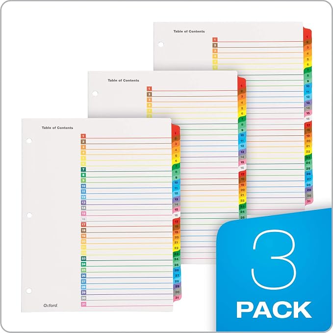 Oxford Binder Dividers, 31 Tabs, Numbered 1–31, 3 Pack, Customizable Table of - Image 4