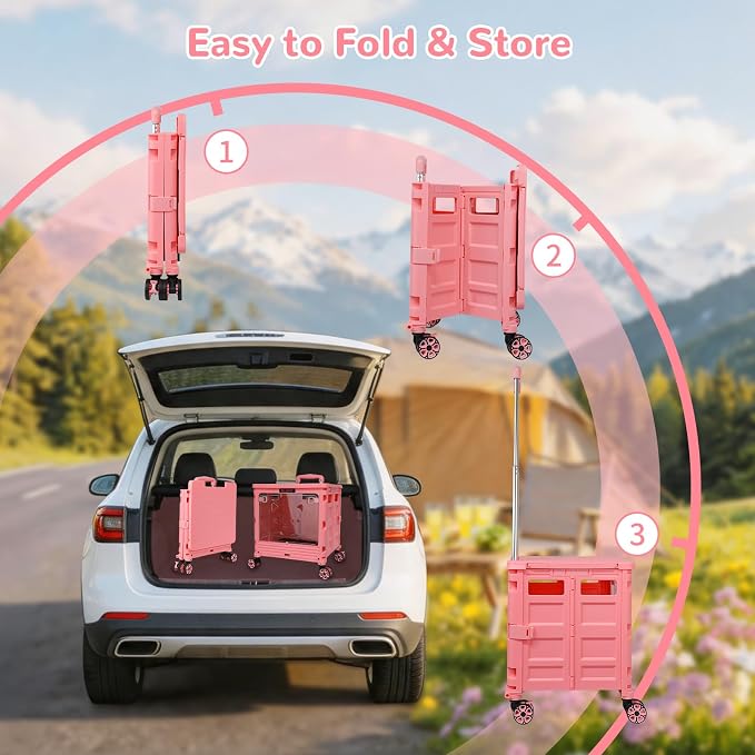 FELICON SELORSS Folding Utility Cart Portable Rolling Crate Handcart-Pink | - Image 4