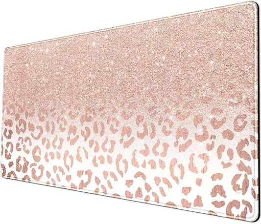 Desk Mat XXL Mouse pad, Pink Rose Gold Leopard Print Office Supplies and Accessories Decor for Women 31.5X15.75in,Stitched Edges Smooth Non-Slip Bottom, Large pad-DeskLoop Office