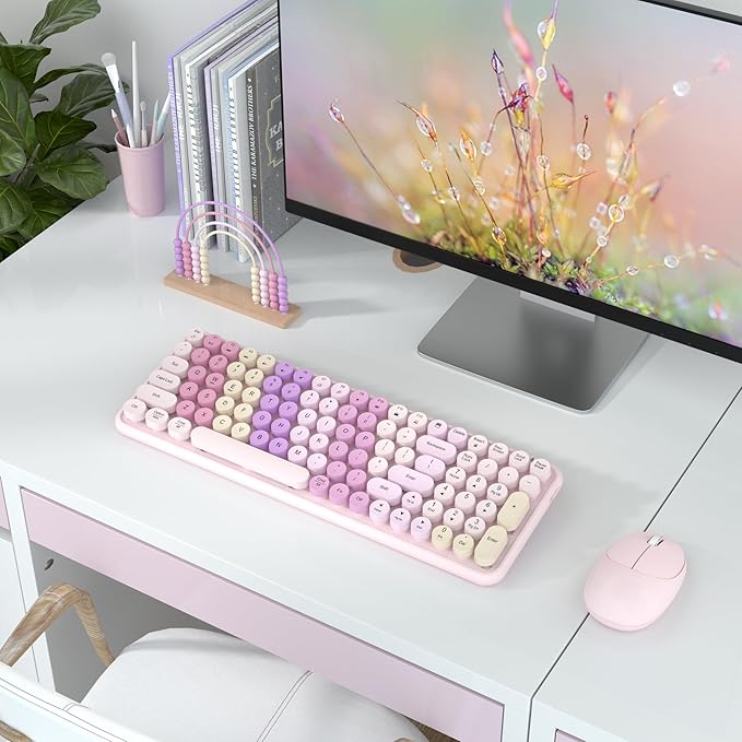 Colorful Wireless Keyboard Mouse Combo, Gradient Rainbow Colors 100 Keys and 2.4GHz Optical Mouse Connection for Windows, Mac, Laptop, PC, Desktop (Pink Colorful)-DeskLoop Office