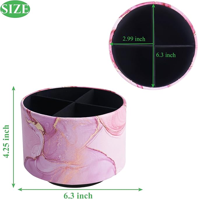 Round Leather Art Supply Organizer,Remote Control Holder,360-degree Rotating Pen Organizer with 4 Compartments(1-Pink Splash Ink)-DeskLoop Office