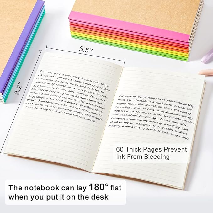 feela 96 Pack Composition Notebooks Bulk, Kraft Cover Lined Blank College Ruled Composition Travel Journals with Rainbow Spines For Women Students Business, 60 Pages, 8.3”x 5.5”, A5, 8 Colors-DeskLoop Office