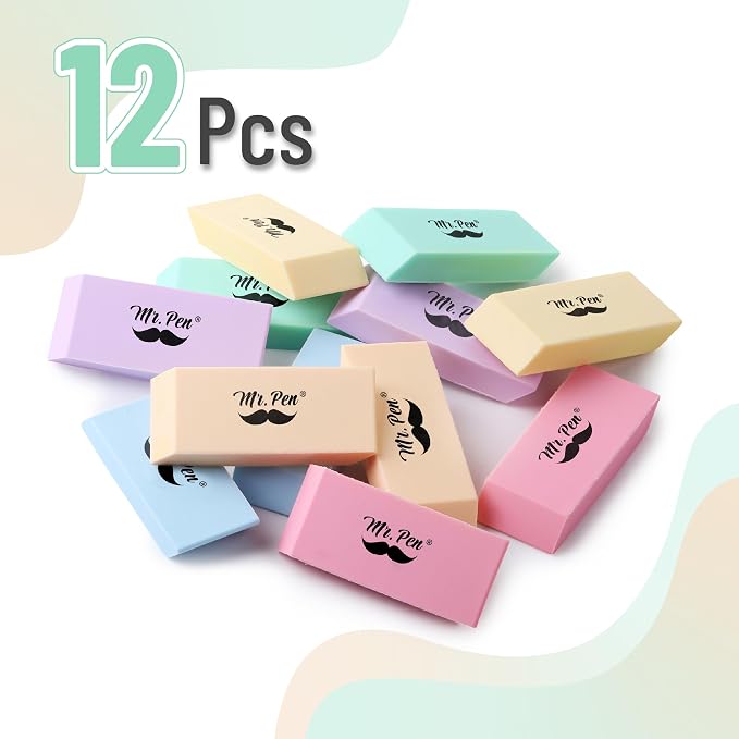 Mr. Pen- Pencil Eraser, 12 Pack, Pastel Colors | Large Latex Free Block Erasers - Image 2