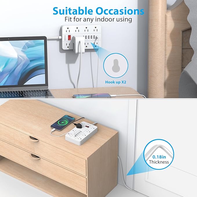 Flat Plug Extension Cord 15 Ft, SMNICE Surge Protector Power Strip with 8 Widely Spaced Outlets and 6 USB(1USB C) Ports, Wall Mount Long Charging Station for Dorm Home, Office Accessories, White-DeskLoop Office