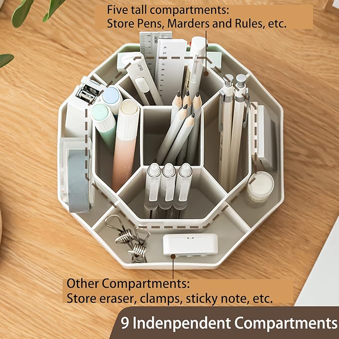 Pencil Pen Holder for Desk, 9 Slots 360 Degree Rotating Desk Organizer, Cute Pen Organizers Stationery Supplies for Office Home & Art Supply (Beige)-DeskLoop Office