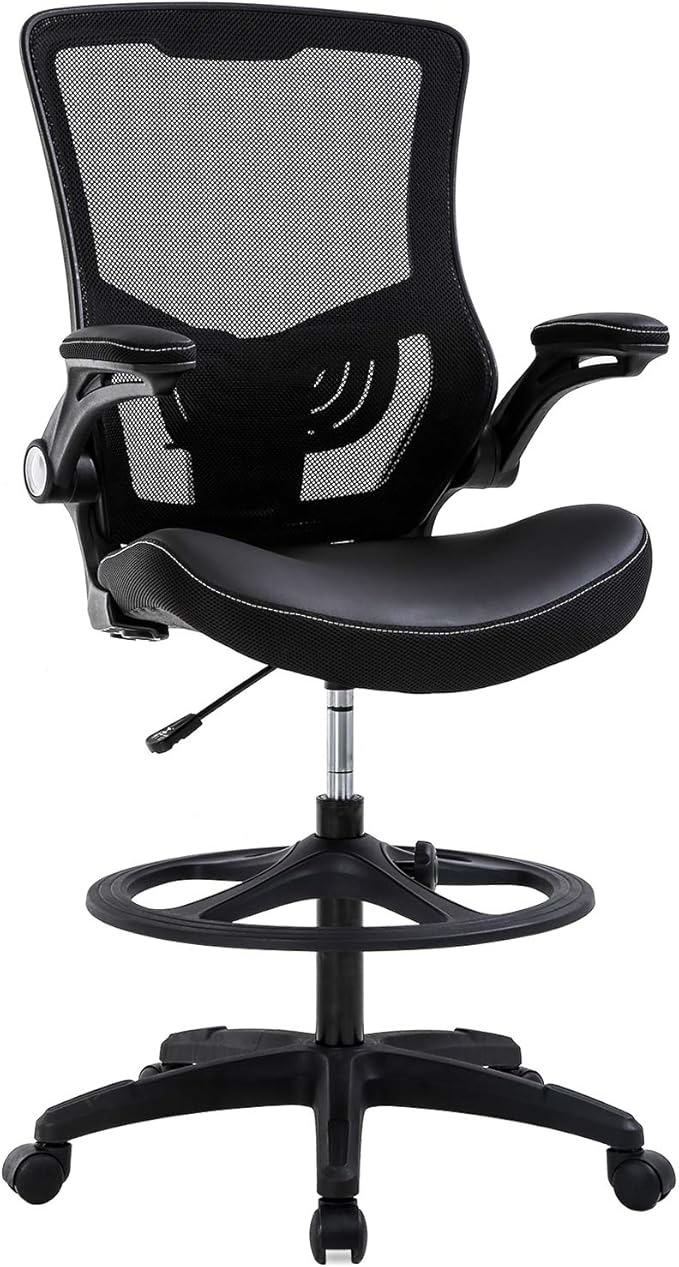 Drafting Chair Ergonomic Tall Office Chair Standing Desk Chair with Flip Up Arms Foot Rest Back Support Adjustable Height Mesh Drafting Stool, Black-DeskLoop Office