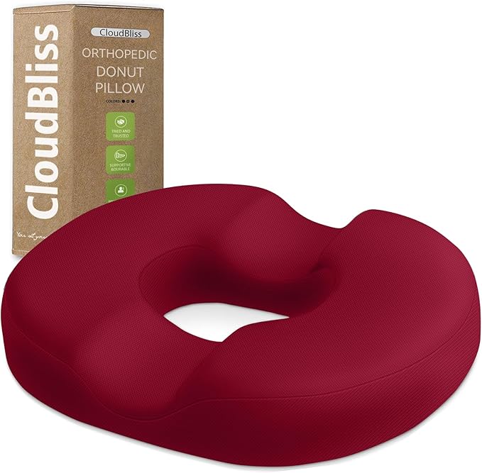 CloudBliss Donut Pillow Seat Cushion Chair Pad for Tailbone Pain Relief and Hemorrhoids, Memory Foam Seat Chair Cushion for Men and Women for Home & Office, (Red)-DeskLoop Office