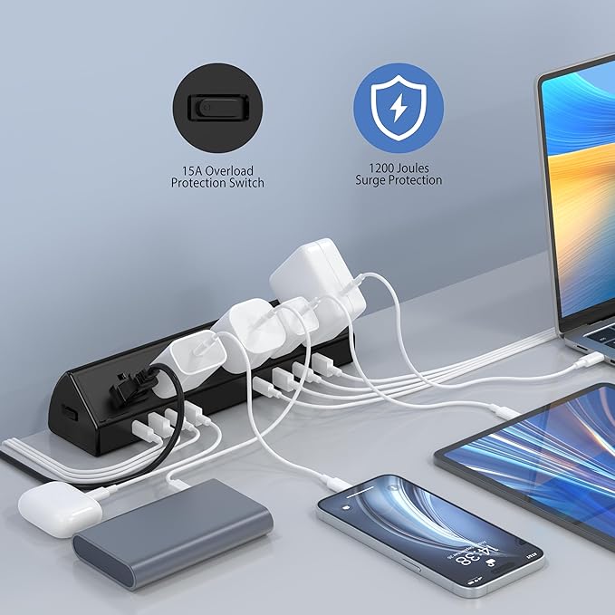 Jgstkcity Desk Clamp Power Strip,45W Fast Charging Station,4 USB-C,4 USB-A,Desk Mount Surge Protector,1875W Extension Cord with Multiple Outlets,ETL Listed,for Home Office Dorm Room-DeskLoop Office